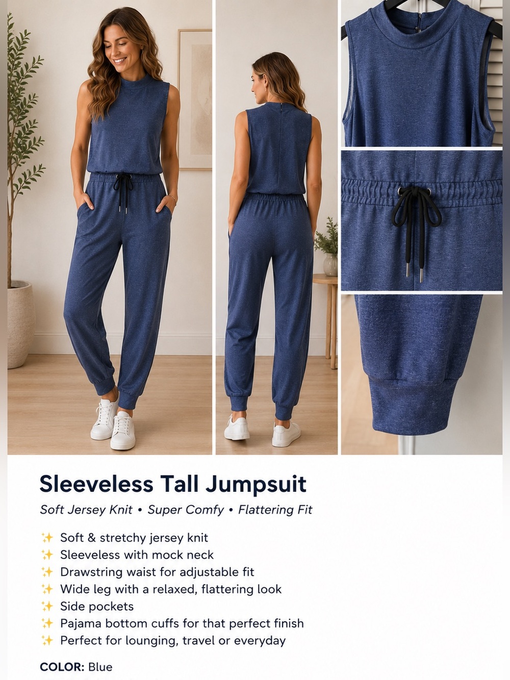 Sleeveless Jersey Knit - Heathered Blue Jumpsuit- TALL